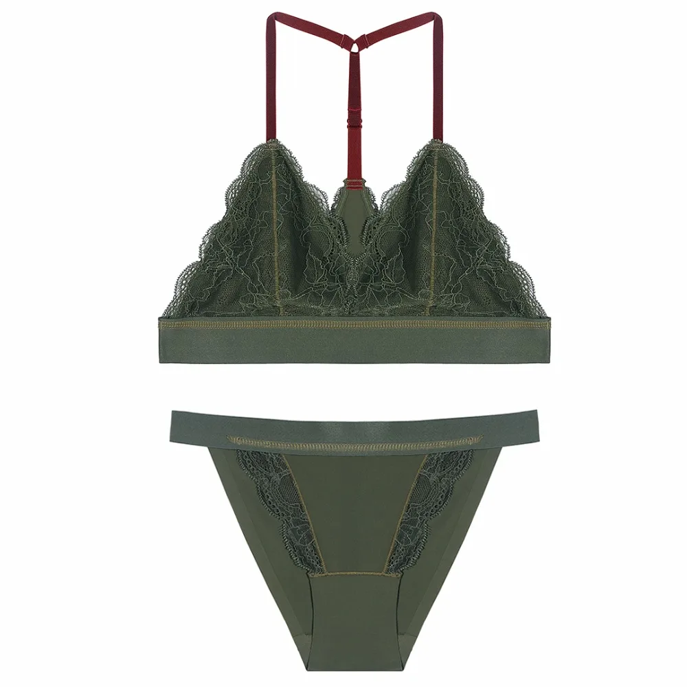 New Seamless Wireless Sexy Lace Bra Brief Set Sexy Back Y line Strap