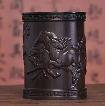 

China Solid wood carving Eight horse Brush Pot Pencil Vase Pen Container