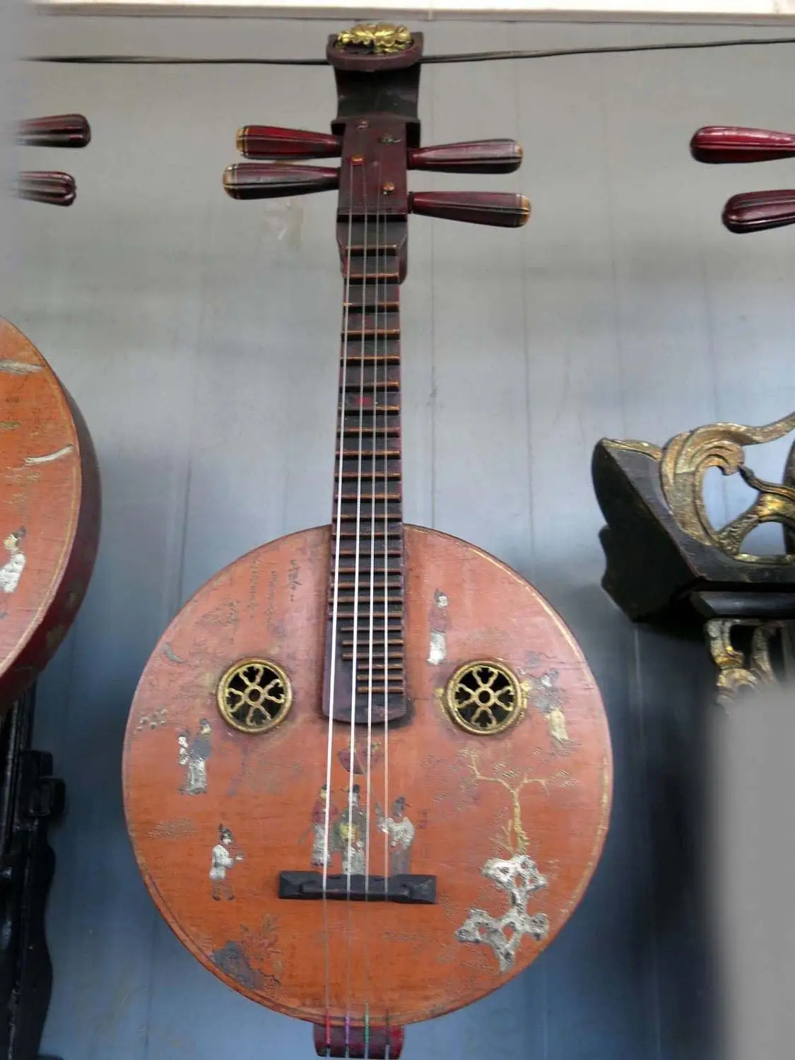

28" China old handwork lacquerware wood picture beautiful Chinese lute statue
