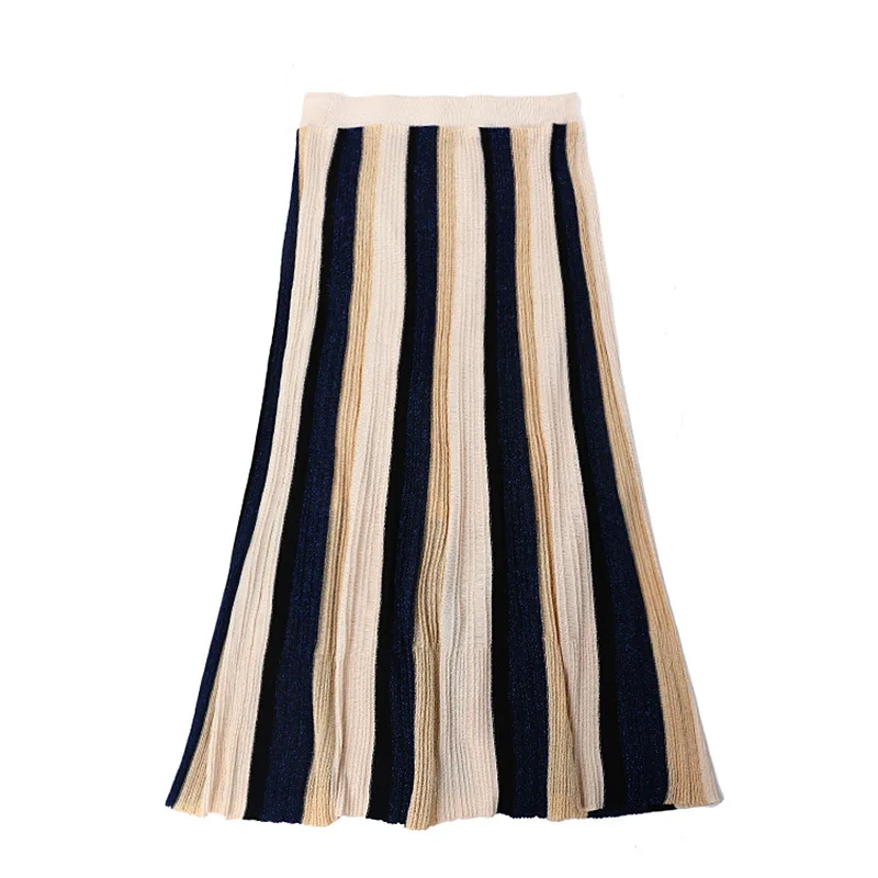 

Striped pleated half-length long skirt high waist bright silk wild A word skirt spring and autumn new women's clothing