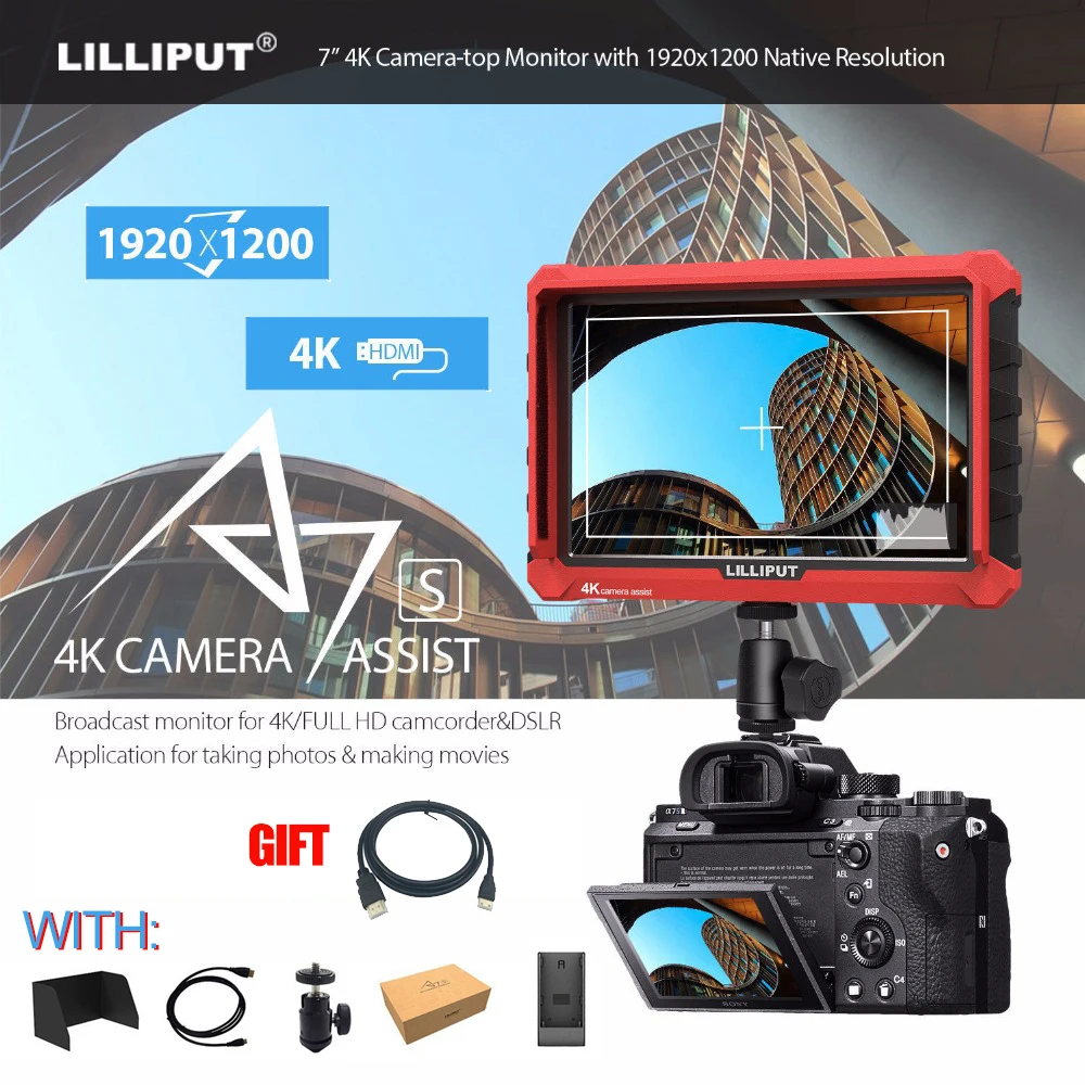 Lilliput A7s 7-дюймовый монитор 4 K HDMI видео 500cd/m2 полевая камера монитор для цифровой зеркальной камеры Nikon Canon sony DSLR 1920x1200 HD ips Экран