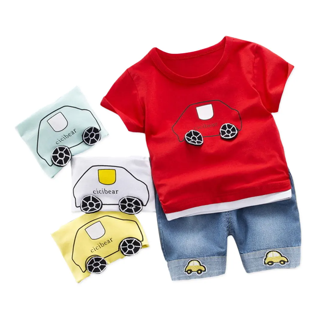 Летний костюм из футболки и шорт комплект хлопковой одежды для маленьких мальчиков, милая детская одежда для мальчиков с мультяшным автомобилем