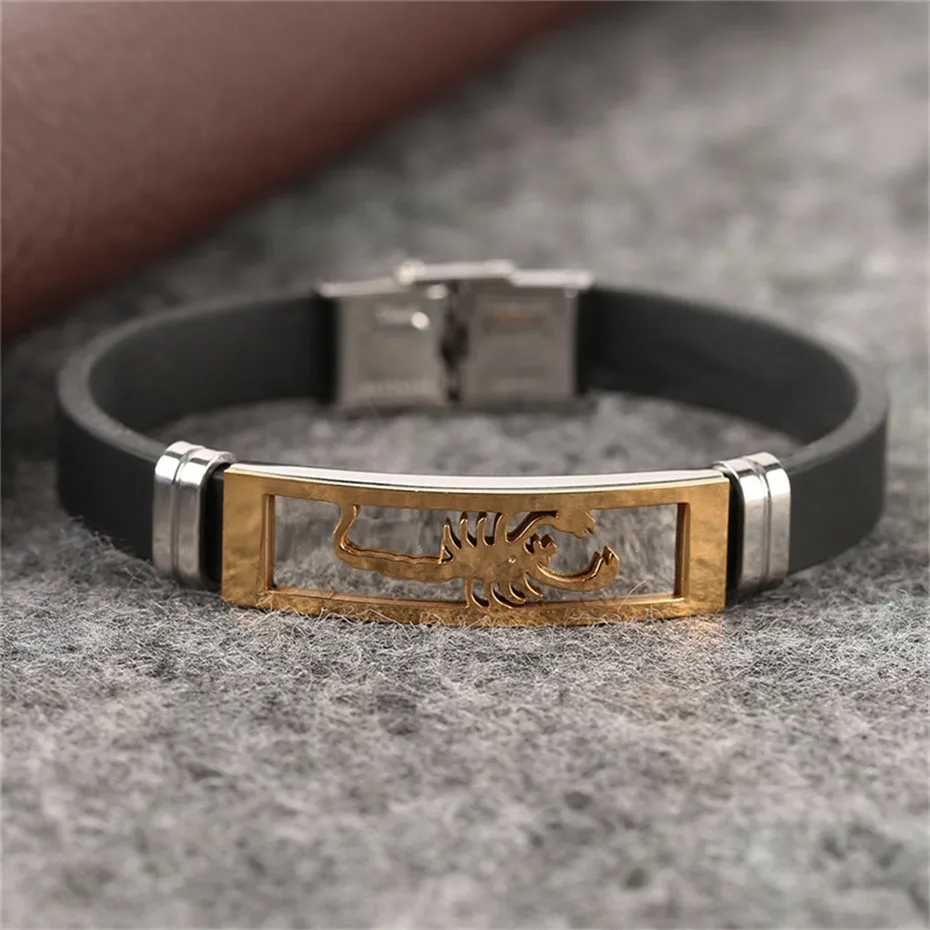 Silver Golden Scorpion Shape Fashion Silicone Stainless Steel Jewelry Rope Chain Sport Men Charms Bracelet Casual Couple Bangle (7)