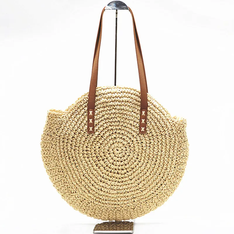 

Straw Handbag Women Handmade Rattan Round Shoulder Bag Summer Woman's Bohemian Beach Bag Travel Shopping Tote for Female