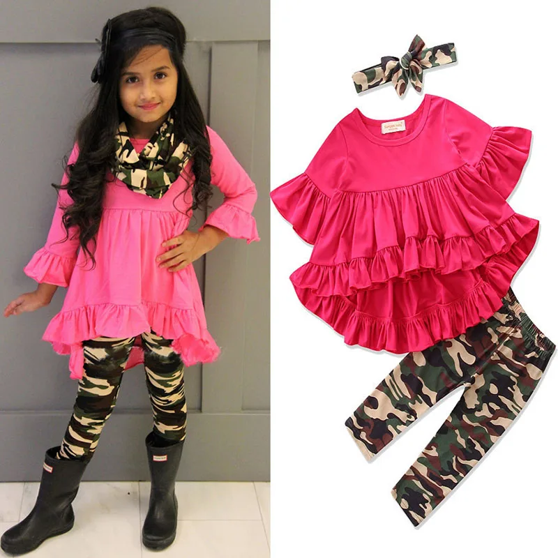 

3pcs Toddler Kids Girl Clothing Set Ruffles Irregular Mini Dress Tops+camouflage Legging Pant Headband Outfit Children Clothes