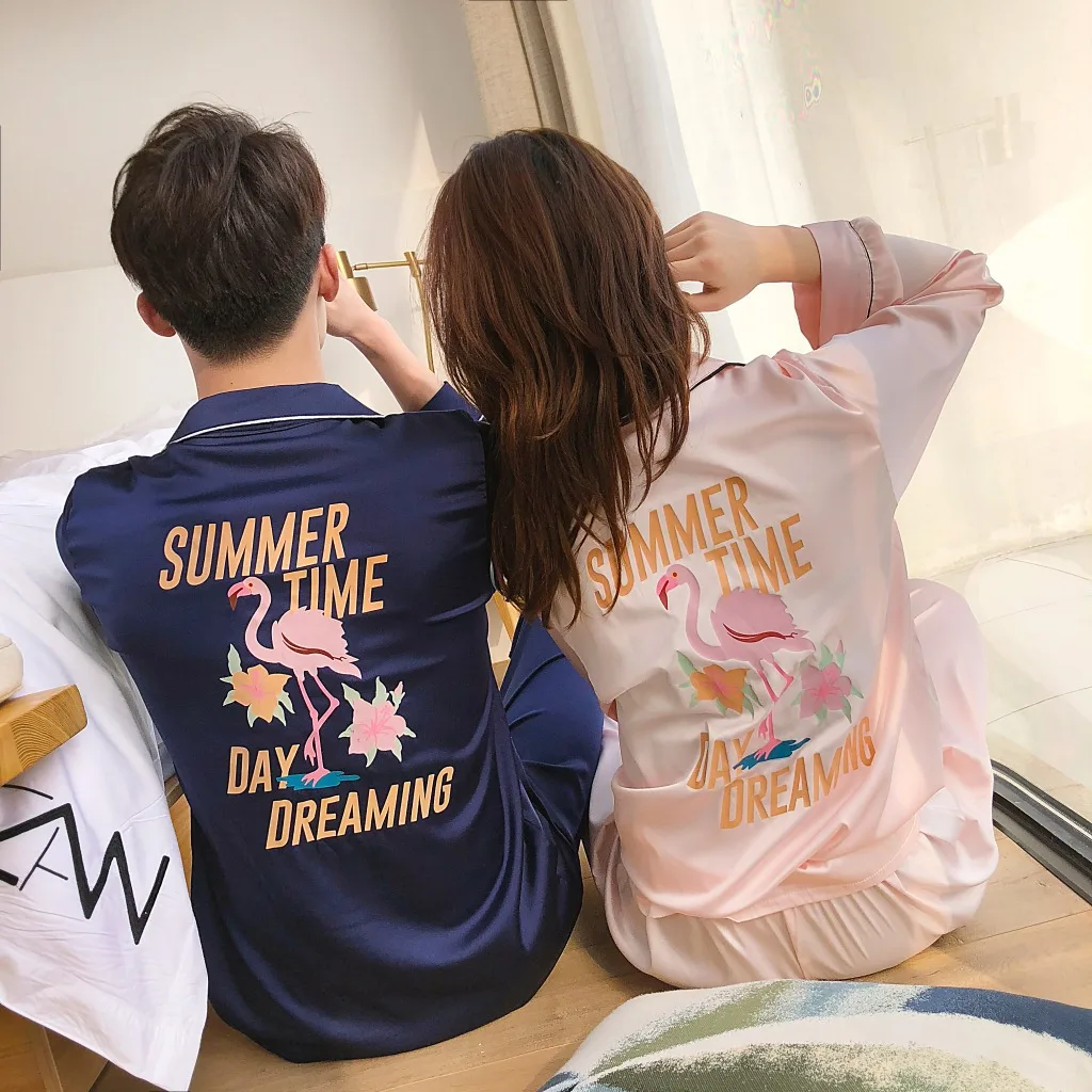 

Spring Flamingo Cardigan Full Length Elastic Silk Couple Pajamas Set Men Women Home Service Pajama Pyjamas Homewear Tracksuit