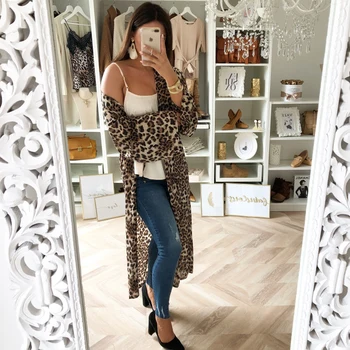 

Womens Slouchy Cardigan Coat Leopard Printed Open Stitch Front Draped Pockets Overcoat Long Jacket Outwears Femme