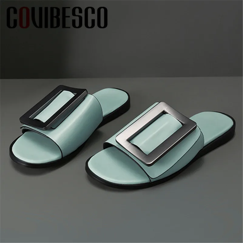 

COVIBESCO 2019 Summer New Brand Design Round Toe Women Flats Slippers Genuine Leather Slip On Buckle Decoration Women Sandals