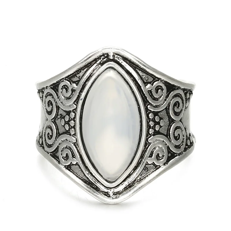 

1Piece Fashion Bohemian Vintage anti Silver Plated White Large Imitation Opal Ring For Men Women Gift Jewelry