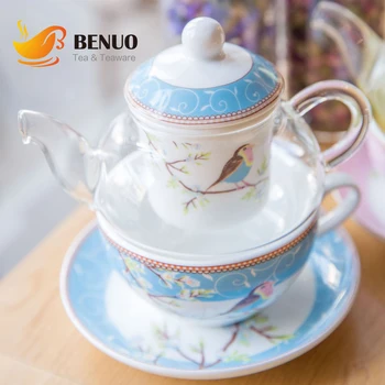 

Hot-selling Glass Teapot W/ a Fine China Infuser Strainer Cup and Saucer Set Teapot and Teacup for One Smarkt Tea Maker for One