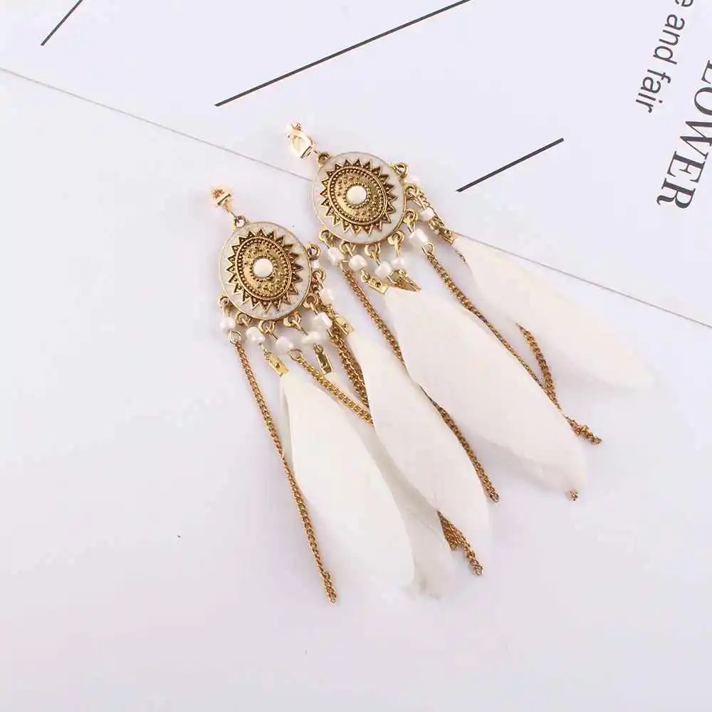 Feather Clip on Earrings Fashion Bohemian Long Tassel Enamel for Women Without Piercing Hanging Ear Clips Female Bijoux ear clip earrings clip earrings ear clip ear accessories
