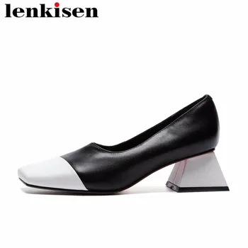 

Lenkisen office lady square toe slip on brand autumn concise shoes med heels natural leather mixed colors career women pumps L72