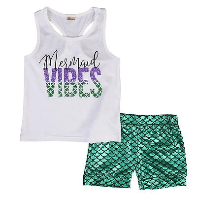 

2PCS Newborn Baby Girls Kids Sleeveless Letters Mermaid O-Neck Tops+Short Pants Summer Costume 1-6Y