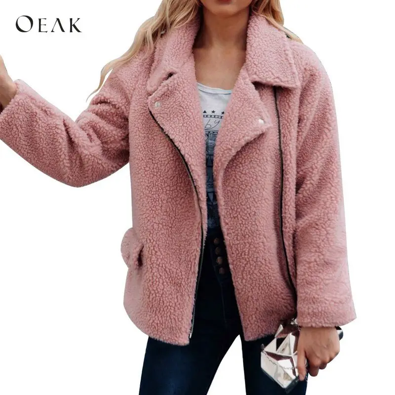 OEAK женская зимняя куртка из искусственной овечьей шерсти, плотное пальто с длинным рукавом, мотоциклетная куртка-бомбер с отворотом размера плюс, пальто розового и черного цвета