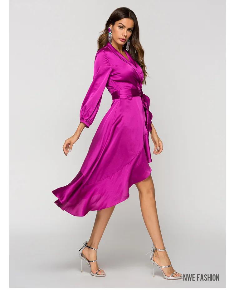 ArtSu элегантное фиолетовое Бандажное Макси-платье с длинным рукавом, женское сексуальное шелковое атласное вечернее платье с v-образным вырезом, зимнее платье