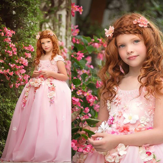 Cheap Adorable Cute Little Baby Girls' Party Summer Dresses Crew Neckline Hand Made 3D Flowers Ball Gown Pink Flower Girls' Dresses