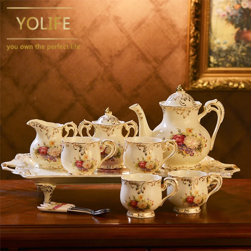 European Style Ivory Porcelain Teaware Service Tea Cup Tray Ceramic Tea