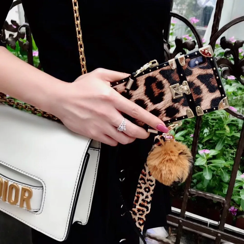 

Luxury retro square metal fashion leopard hair ball lanyard drop cover case for iphone 6 7 8 plus X XR XS MAX phone cases