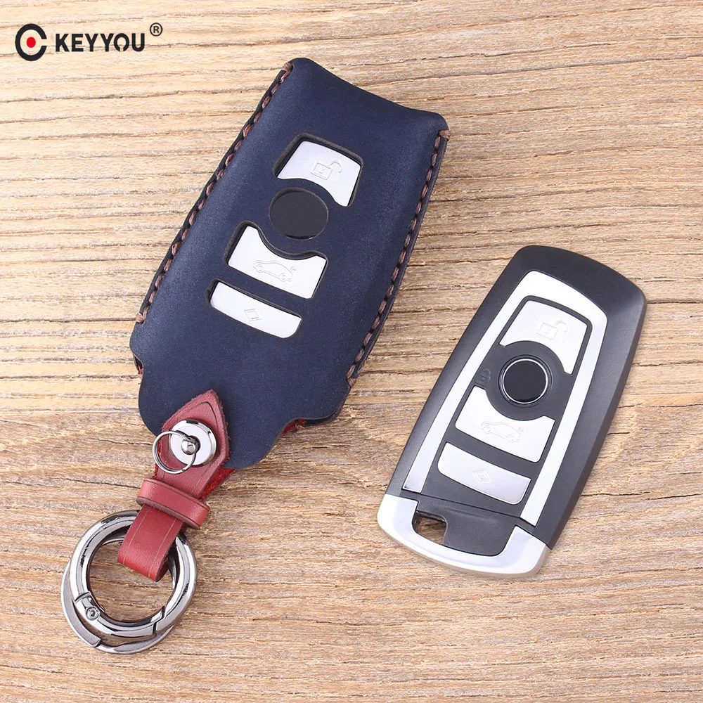 

KEYYOU Leather Men Car Key Bag Case Cover Key Holder For BMW F CAS4 5 Series 7 Series Smar Remote Key Cover