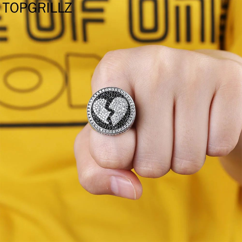 

TOPGRILLZ New Broken Heart Iced Out Bling Ring Micro Pave Cubic Zircon Stones Hip Hop Jewelry