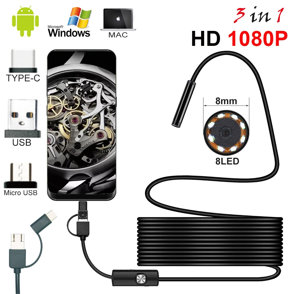 New 8.0mm Endoscope Camera 1080P HD USB Endoscope with 8 LED 1/2/5M Cable Waterproof Inspection Borescope for Android PC