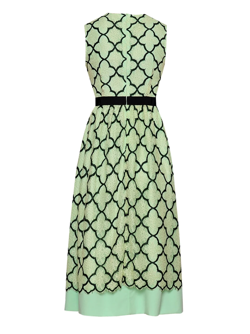 Summer Fashion Women Dresses O Neck Plaid Pattern Embroidery Knee Length Beach Dress Casual High Waist Elegant Dress Z1749