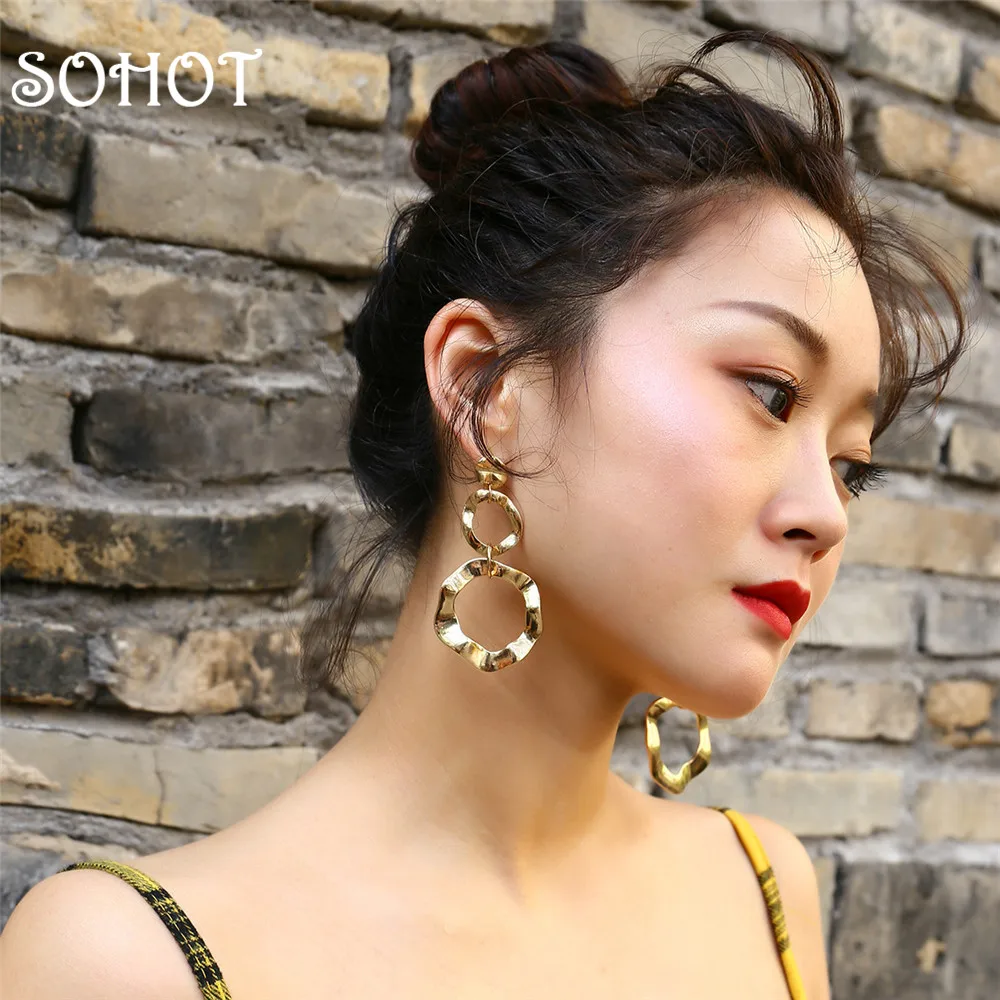 

SOHOT New Hyperbole Brand Long Round Drop Earrings Punk Style Hollow Circle Gold Silver Color Women Jewelry Brincos Bijoux