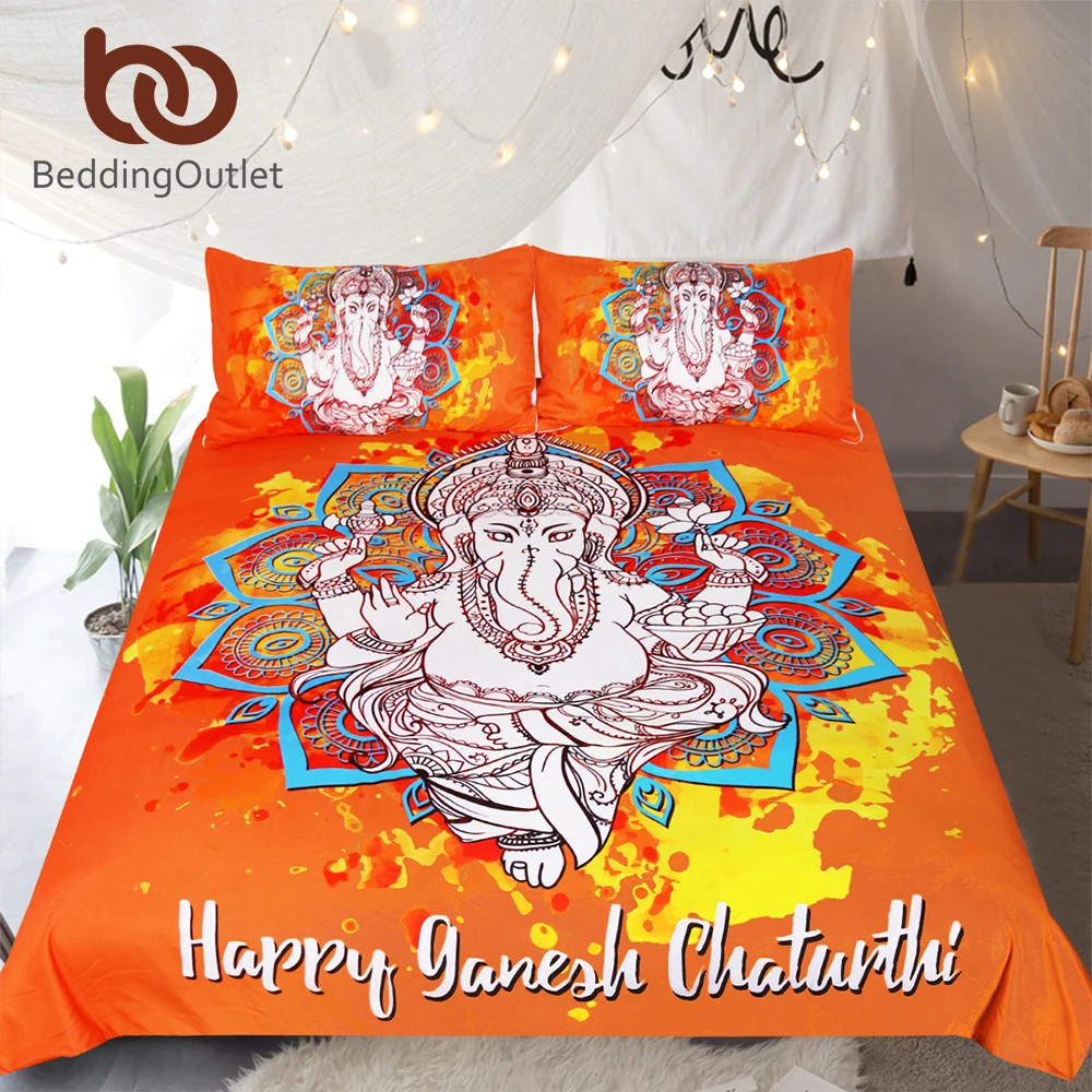 

BeddingOutlet Elephant Bedding Set Floral Orange Blue Duvet Cover Set Indian God Home Textiles Mandala Lotus Bedclothes