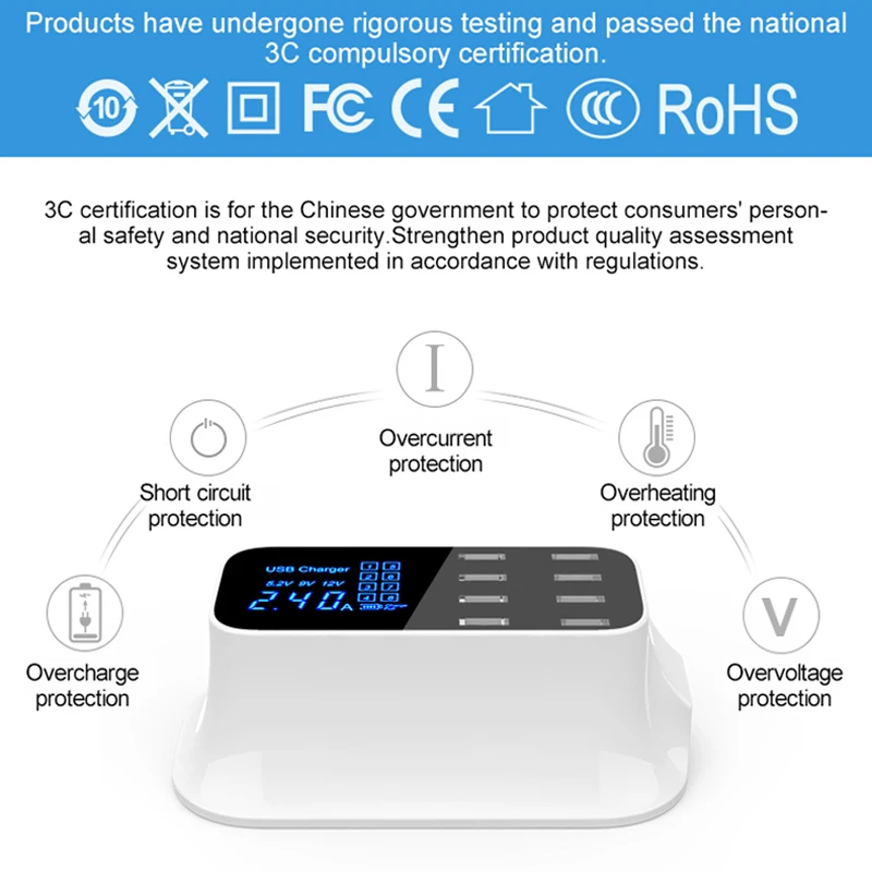 Multi USB Charger 8 Port Desktop Charging Station LED Travel Wall Charger for apple iPhone 8/7/6/6S/Plus iPad Smart Phone Tablet