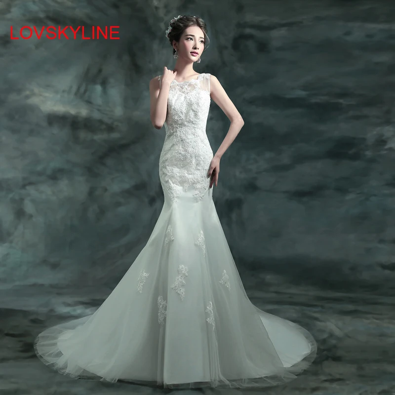 

Sexy O-neck racerback lace fish tail Sweep train bride wedding dress formal dress Summer new