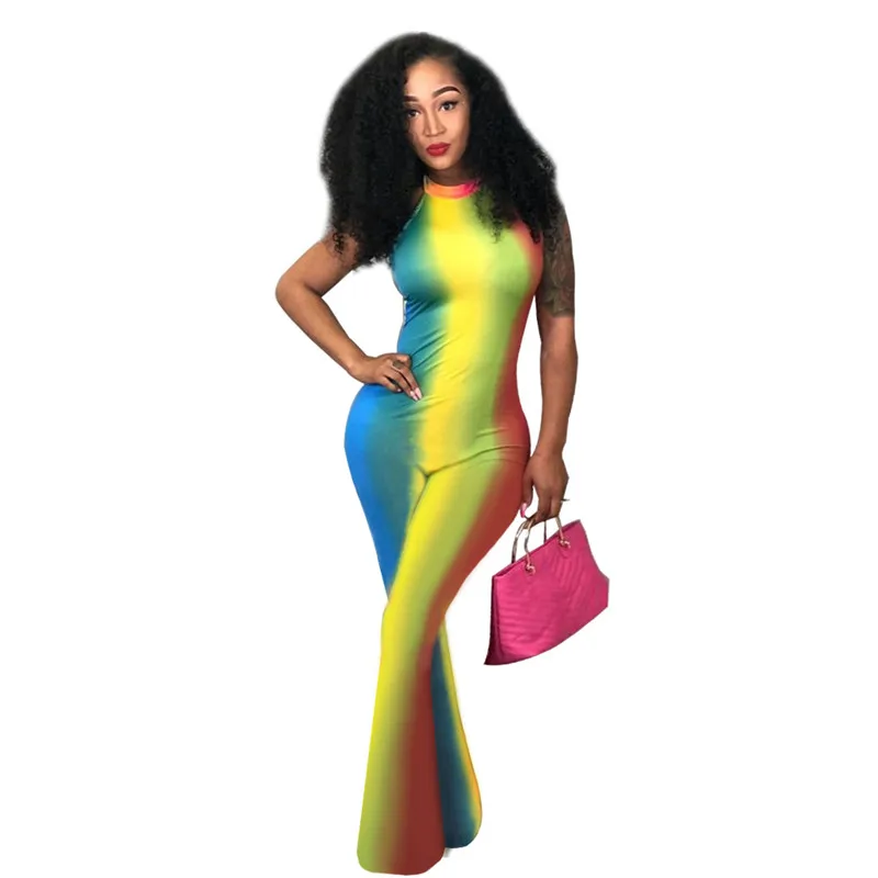 

Rainbow Printed Sexy Backless Rompers Womens Jumpsuit Sleeveless Halter Tie Dye Wide Leg Jumpsuit Summer Women Party Jumpsuits