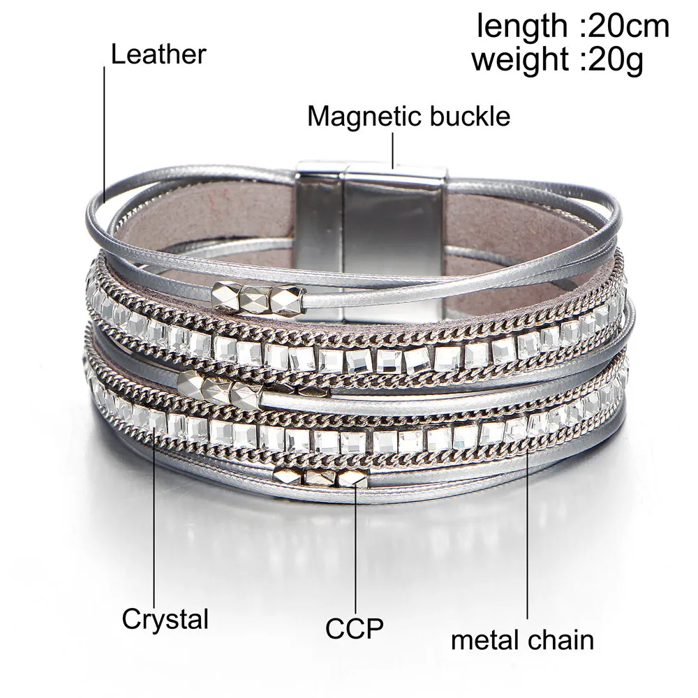Винтажный магнит, многослойные браслеты, серебряные кожаные браслеты с кристаллами, браслет на запястье в стиле панк для женщин