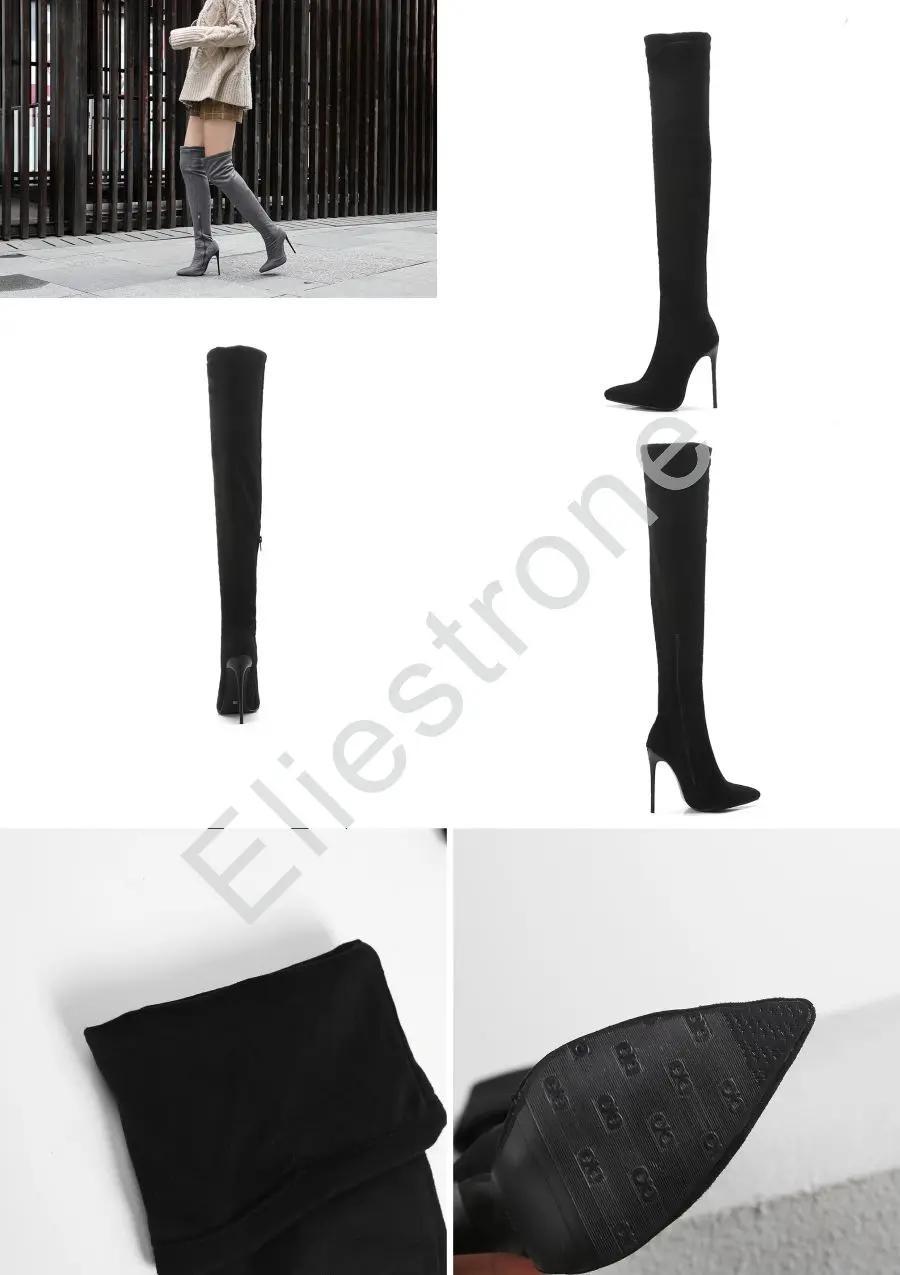 Новые модные зимние женские сапоги до бедра черного и серого цвета женские свадебные туфли на шпильке Большие размеры 10, 43, 45, 48, S873