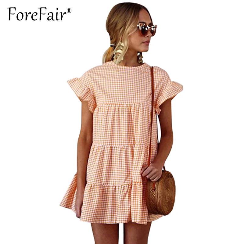 Forefair 2018 جديد نمط منقوشة مخطط فستان مكشكش الصيف المرأة عارضة فضفاض قصير كم البسيطة فساتين Vestidos