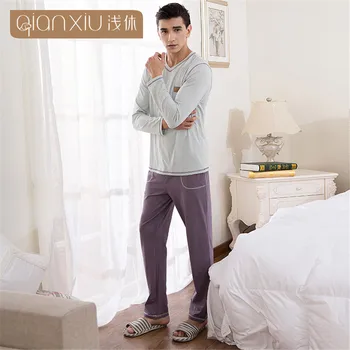 

Qianxiu Men's Pajamas cotton knit Long Sleeves men sleepwear household male Clothing Sleep pijama masculinos sexy pyjama set new