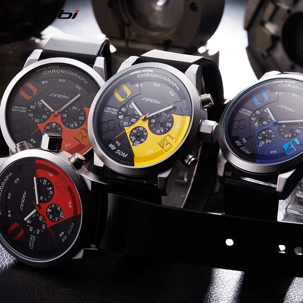 SINOBI Мужские спортивные часы Relogio Masculino водонепроницаемые с красным циферблатом мужские кварцевые наручные часы с хронографом новые Форсаж