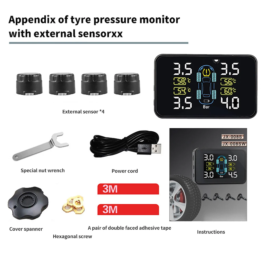 Датчик давления в шинах TPMS, солнечный датчик давления в шинах, сигнализация TPMS, внешний внутренний датчик s с 4 датчиками s