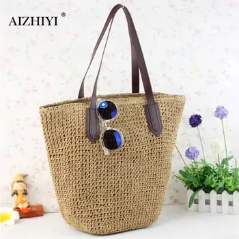 

Vintage Paper Rope Woven Shoulder Handbags Knitting Bucket Top-handle Bags Summer Beach Bag For Women Causal Bags bolso mujer