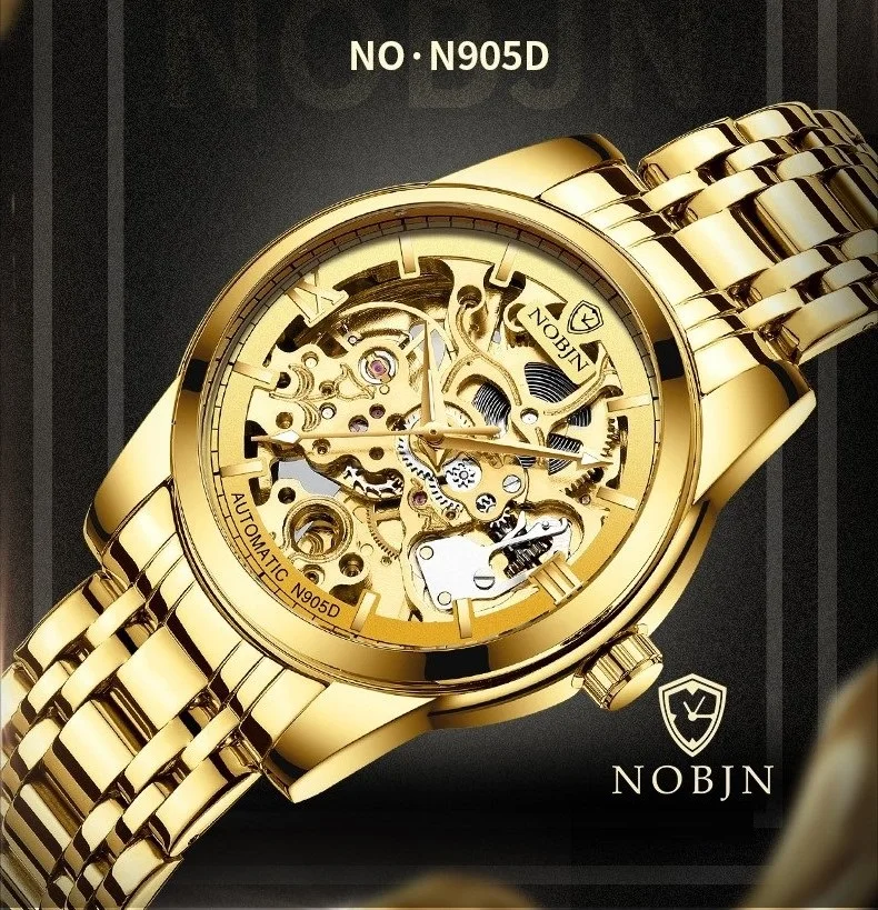 Watches Mens 2019 NOBJN N905D Mechanical Watch Hollow Skeleton Watch Waterproof Luminous Hands Automatic Watch Men Gold Hour (1)