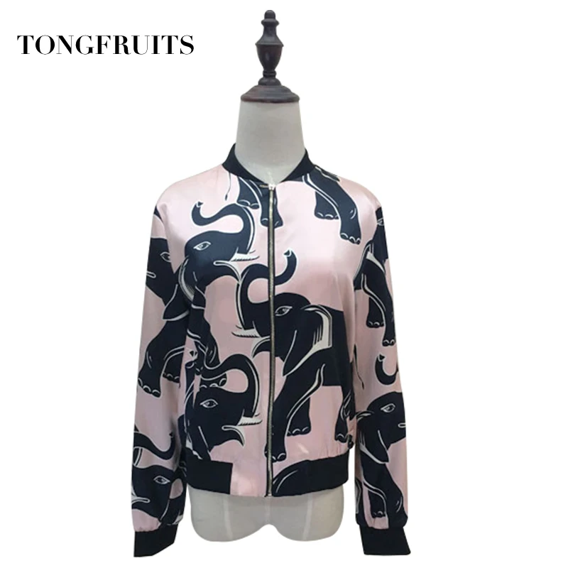 Fashion Elephant Print Jacket Women Autumn Coats Long Sleeve Zipper Closure Sreetwear Female Casual Baseball Jackets Outwear