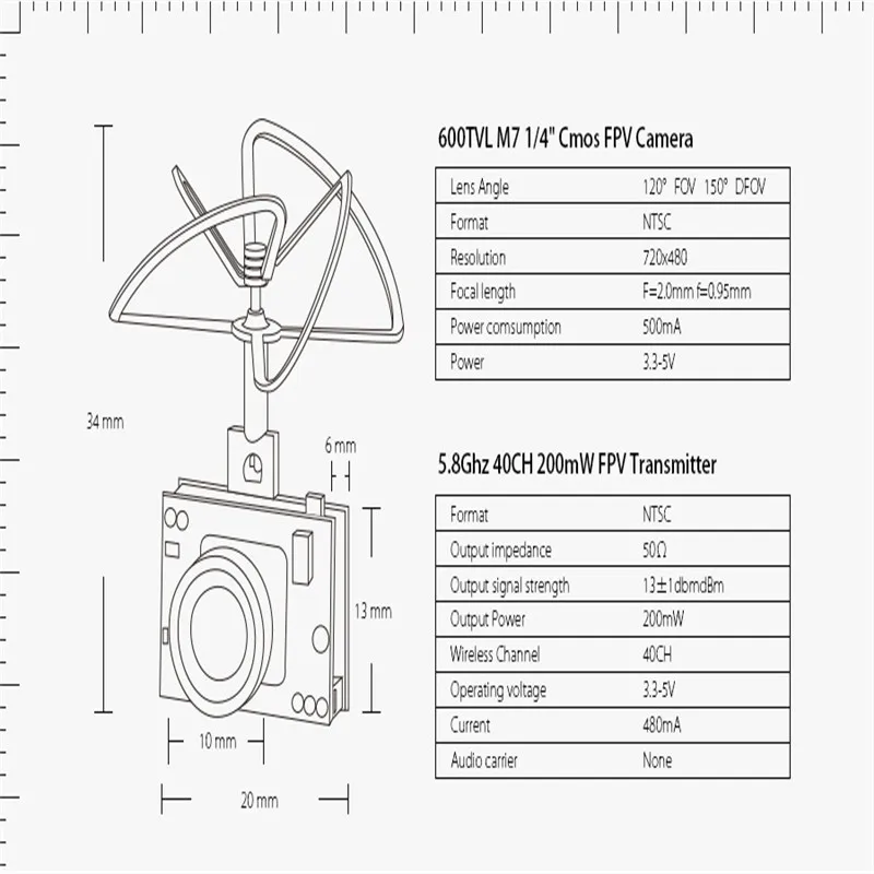 Eachine TX02 супер мини AIO 5,8G 40CH 200mW VTX 600TVL 1/4 Cmos FPV камера для FPV мультикоптера
