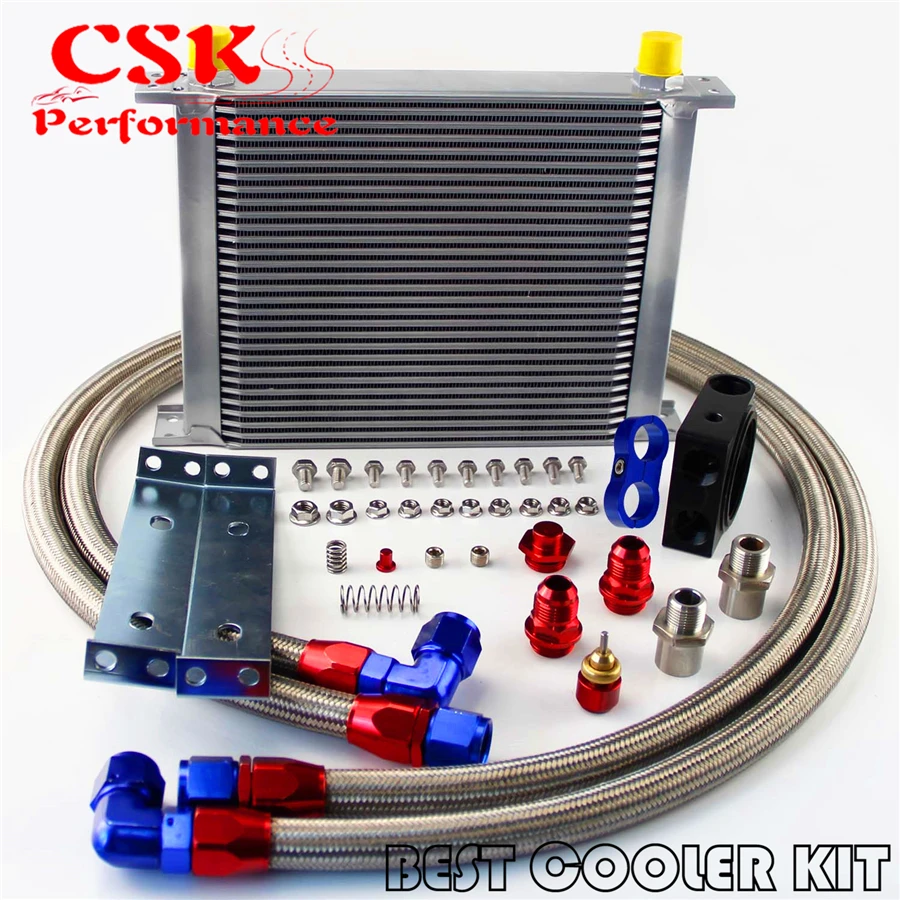 

Universal AN10 30 Row JDM Engine Oil Cooler Kit AN10 Thermostat Sandwich Plate + Oil Lines Kit for Japan car Silver / Black