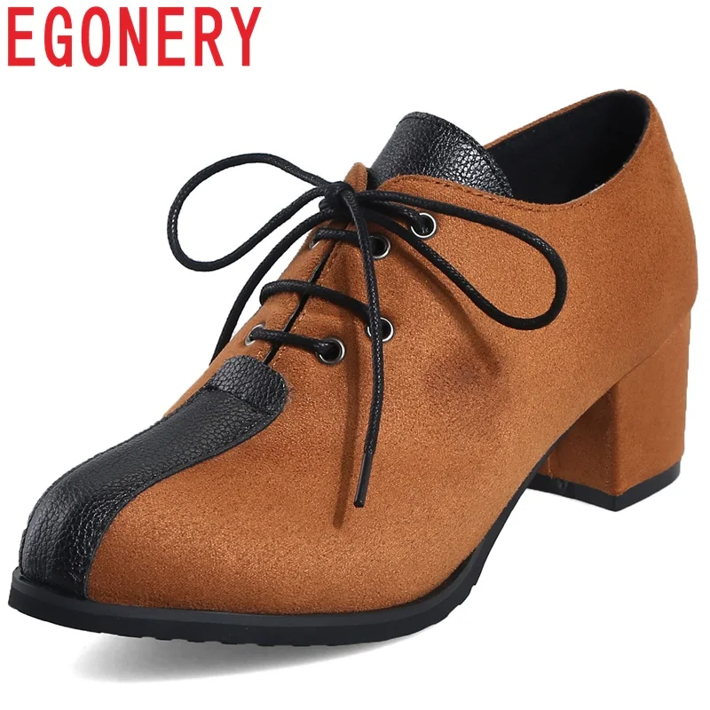 

EGONERY High quality Retro ladies brogue shoes 2019 spring autumn mixed colour Flock Round Toe 4 cm Med heels Career Women Pumps