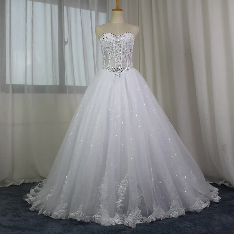 Fashion Luxury Sequins Rhinestone Lace Wedding Dresses 2017 Sweetheart Neck A Line Floor Length vestido de noiva Real Image