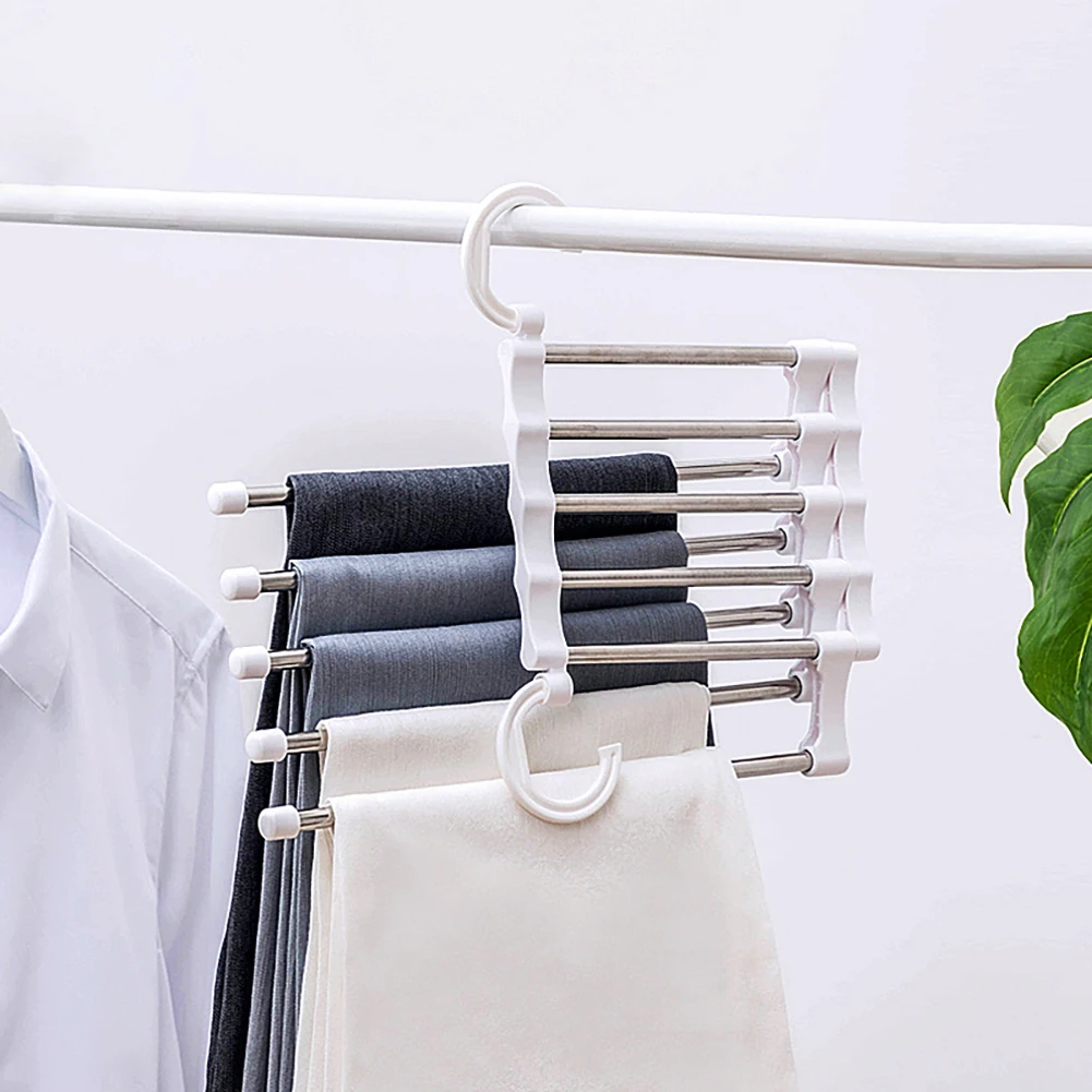 5 in 1 Stainless Steel Multifunction Retractable Pants Rack Trouser Hanger Storage Organizer easy to carry use