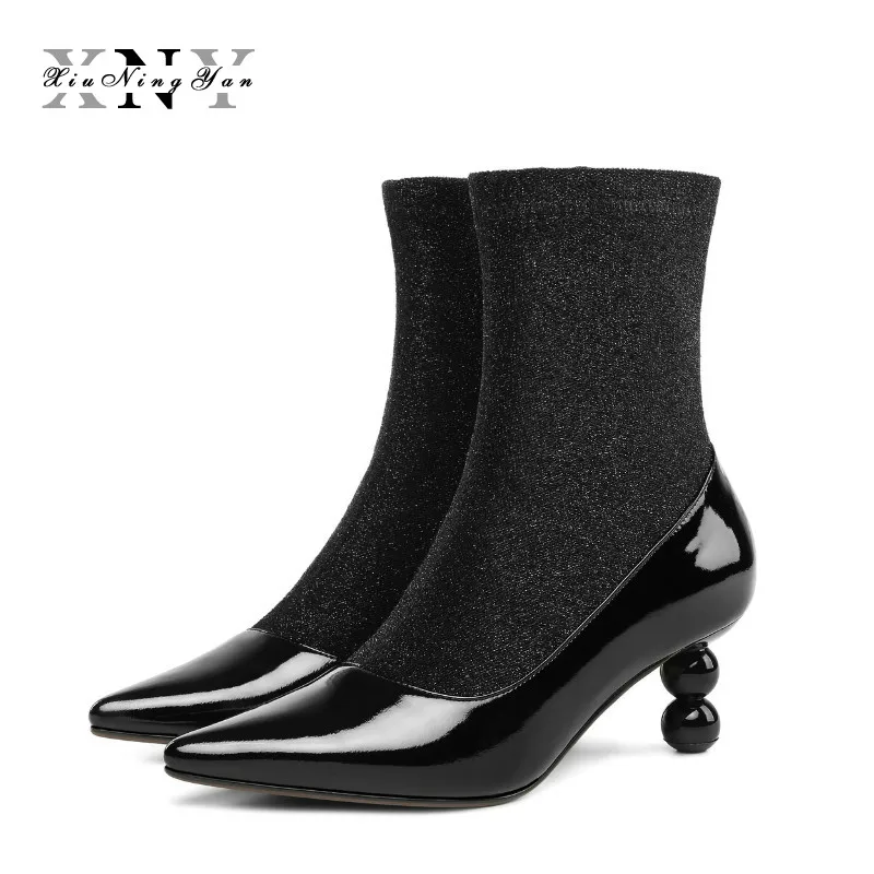 

XiuNingYan Women Ankle Boots Winter Autumn Crystal Boots High Heels Shoes Woman Sexy Thin Heels Genuine Leather Shoes Women 2019
