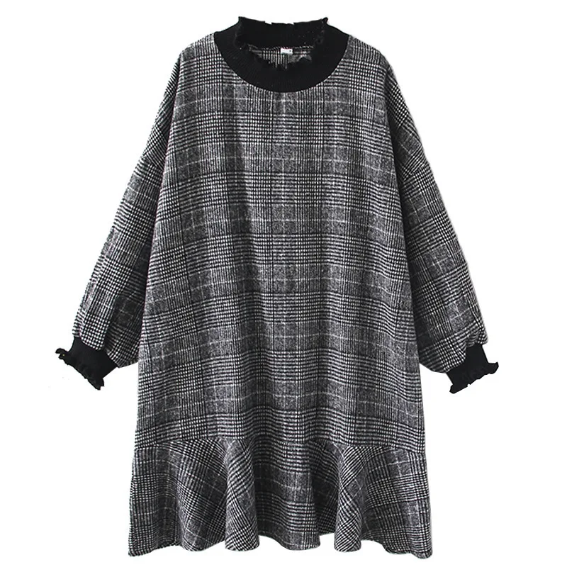 

LANMREM 2019 new spring and summer fashion women clothing round neck lantern sleeves plaided gray loose dress plus size WC73502
