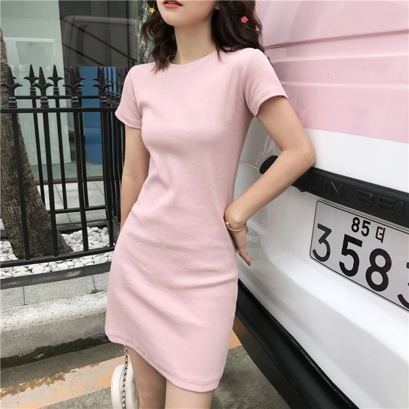 

4 Solid Color Black Bodycon Dress Sexy All Match Slim Elegant Short Sleeve T Shirt Dress Mini Korean Simple Casual Robe Femme