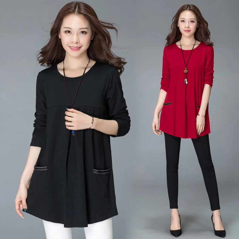 

#2522 Plus Size T Shirt For Women 4XL Cotton Loose Pockets Long Sleeve Tops Ladies O-neck Long T Shirt Black Red Spring Autumn