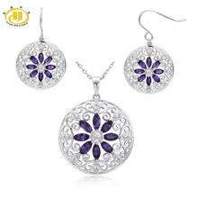 Серьги hutang наборы подлинная аметист белый топаз Твердые стерлингового серебра 925 филигранные серьги с цветочным кулоном мелкозернистый камень ювелирные изделия